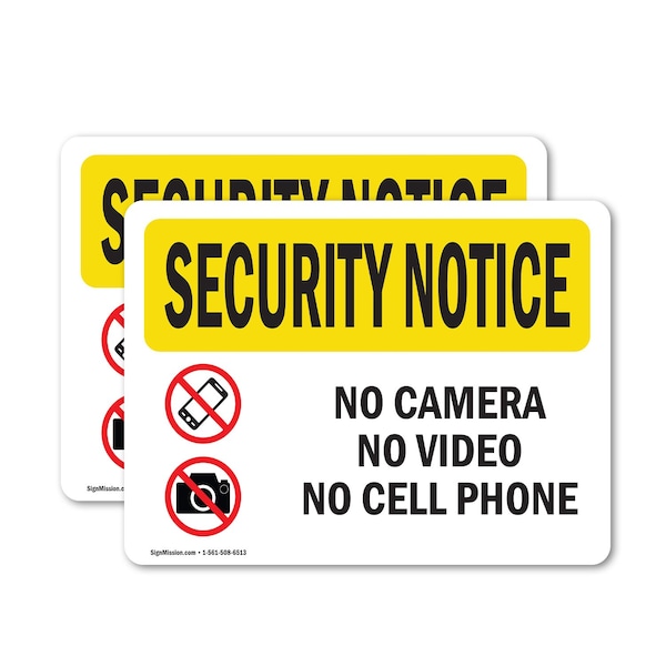 Signmission No Camera No Video No Cell Phone OSHA Security Notice Sign, Vinyl Decal, 14in W x 10in L, 2PK OS-2PACK-SN-D-1014-L-11580 - main